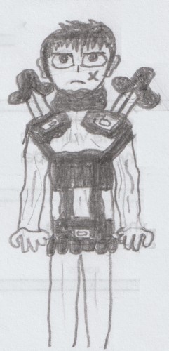 Kid's drawing of Dan Dreadman, alias The Dreaded Shadow, looking menacing with twin swords in back sheaths